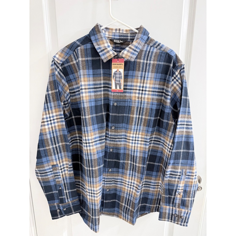 Eddie Bauer Mens XL Flannel Shirt Blue Tan Plaid Long Sleeve Button Down NWT